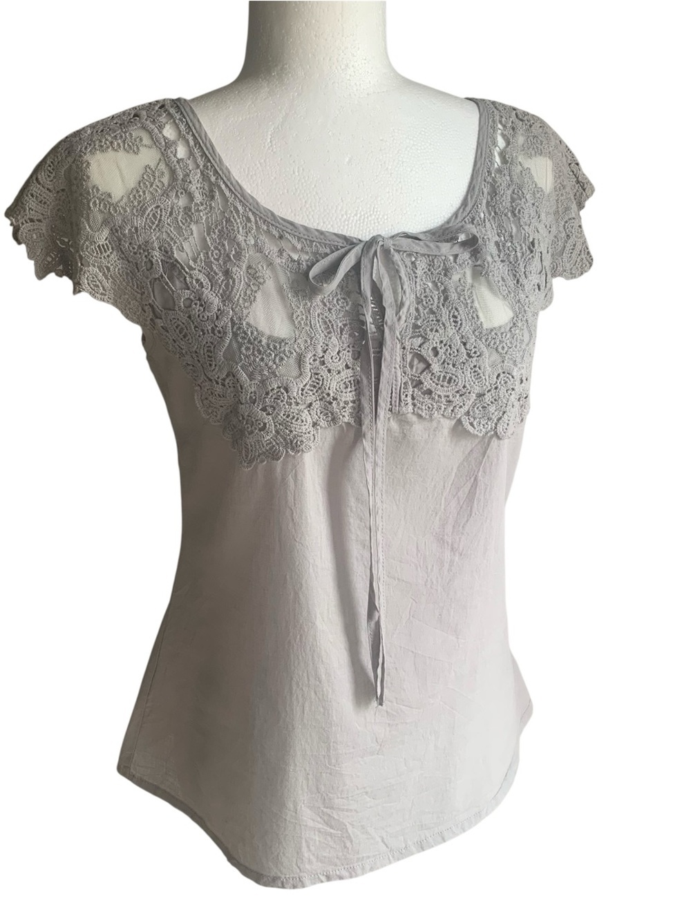 Solitaire Lace & Tie front Tunic Blouse Elegant Feminine Bridgerton Pale Grey M - Picture 3 of 10